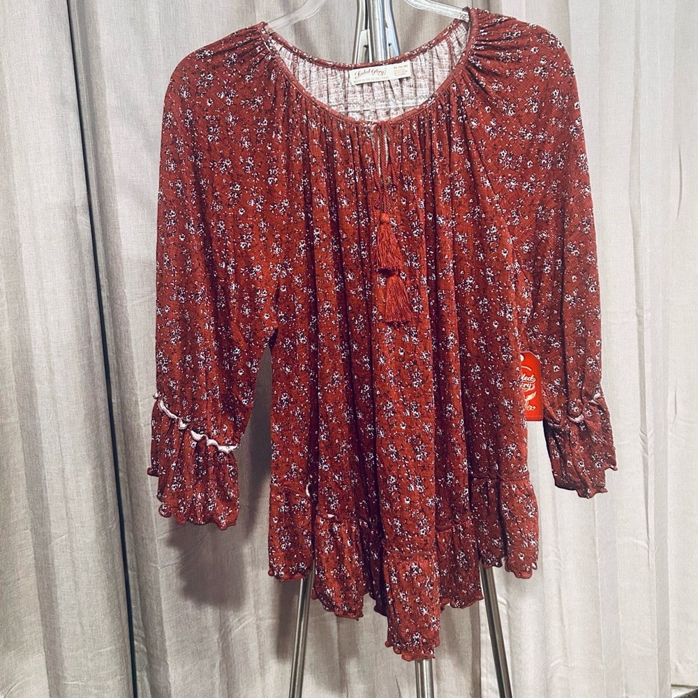Faded Glory Rust Floral Peasant Blouse